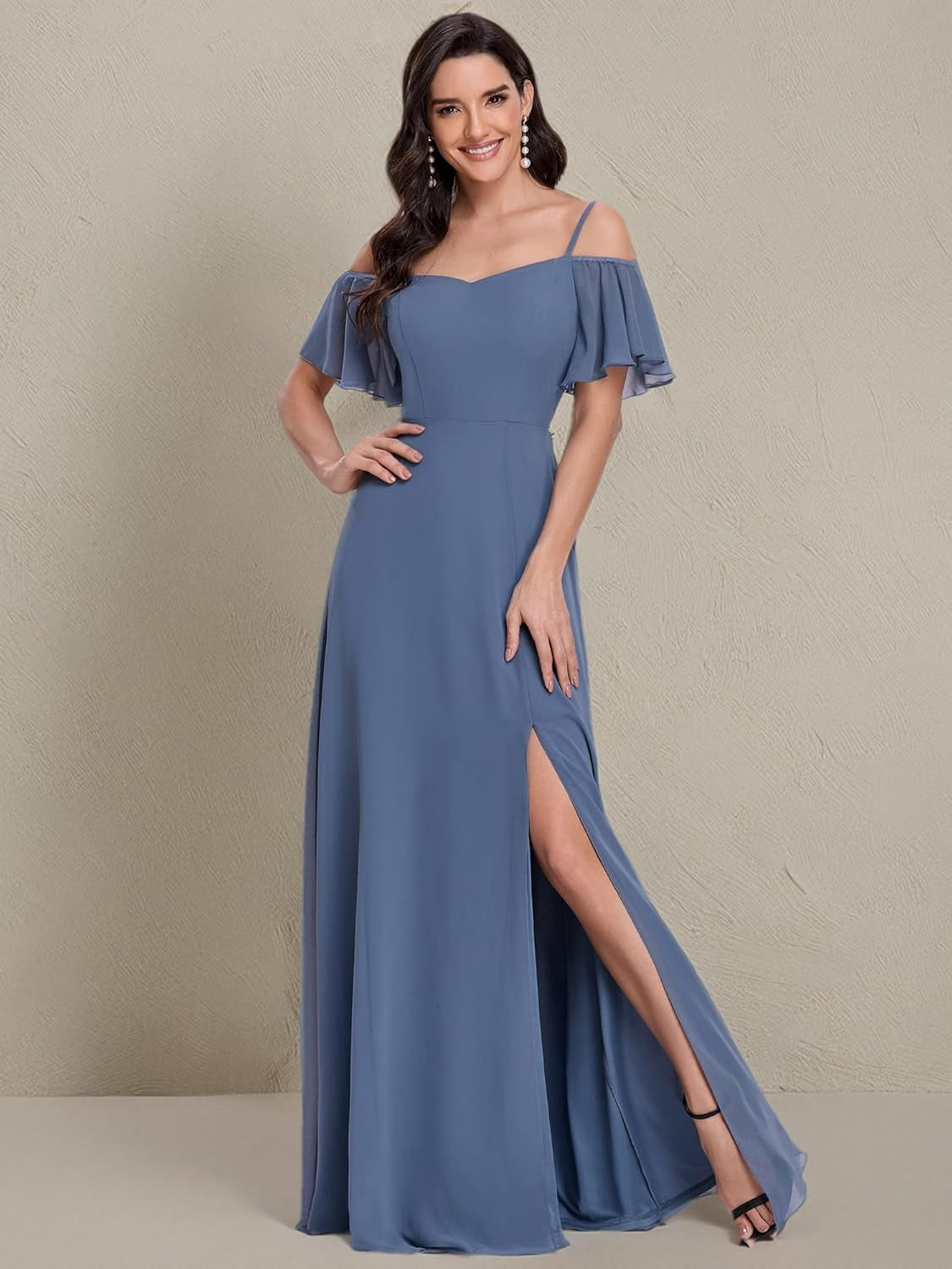 Women'S Off-Shoulder A-Line Side Slit Chiffon Bridesmaid Dresses with Sleeves 0237