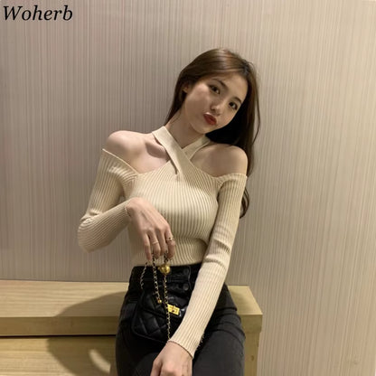 Y2K 2026 Spring Autumn Sexy Hollow Off-Shoulder Knitted Tops Solid Ladies Korean Clothes Sweater Pullovers Jumper