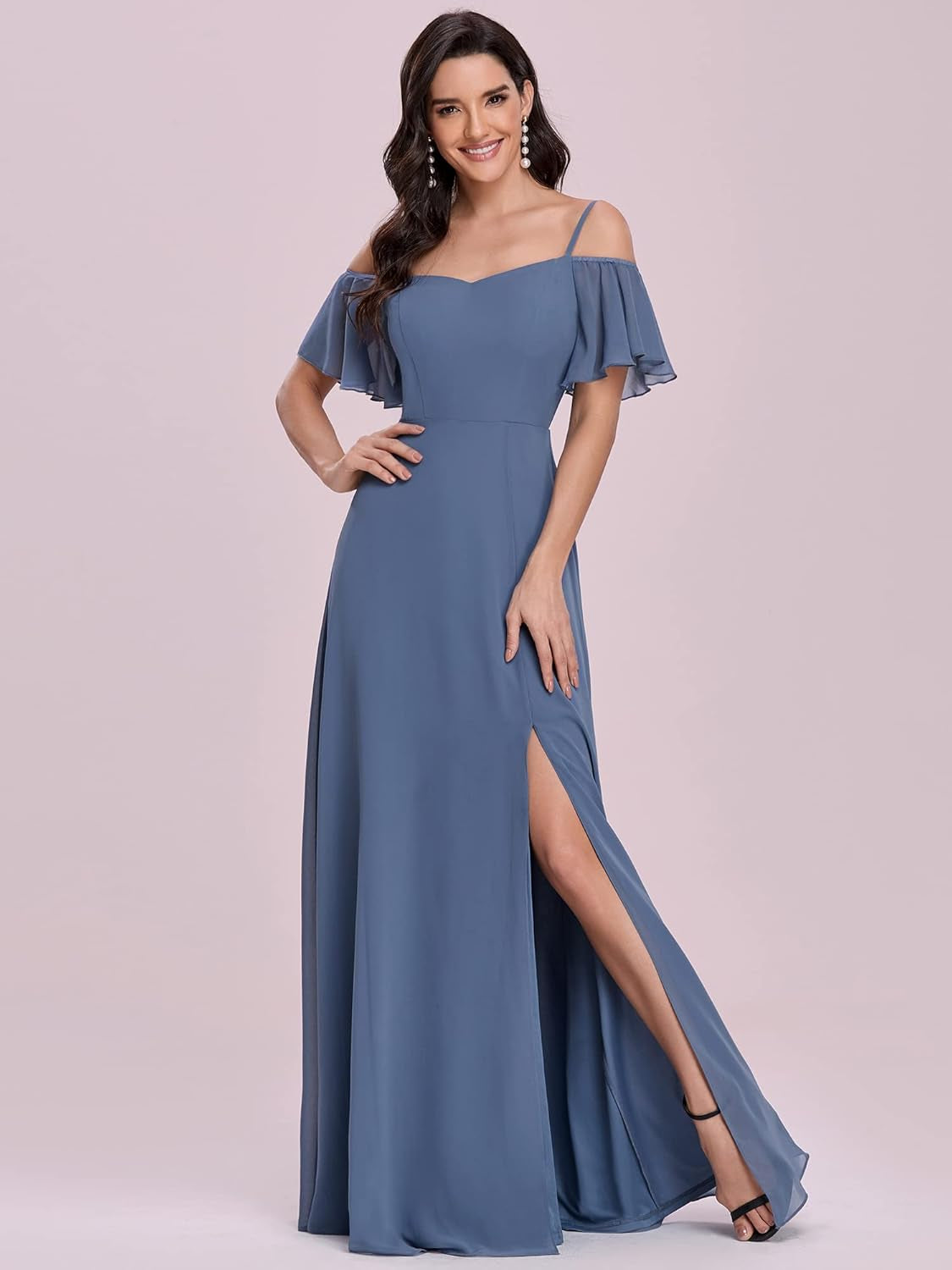 Women'S Off-Shoulder A-Line Side Slit Chiffon Bridesmaid Dresses with Sleeves 0237