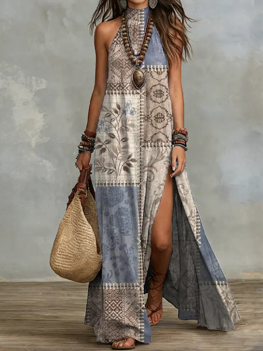 Women's Sleeveless Floral Print Maxi Dress with a side split