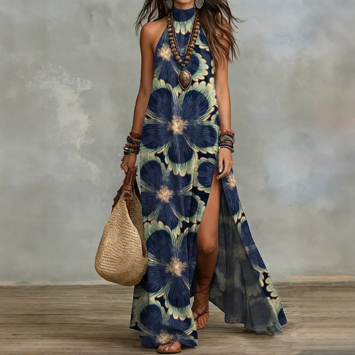Women's Sleeveless Floral Print Maxi Dress with a side split