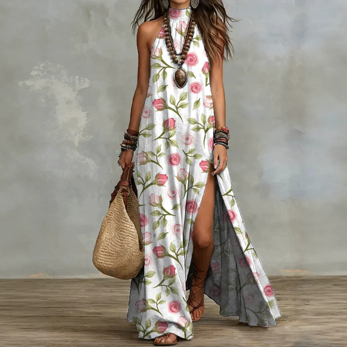 Women's Sleeveless Floral Print Maxi Dress with a side split