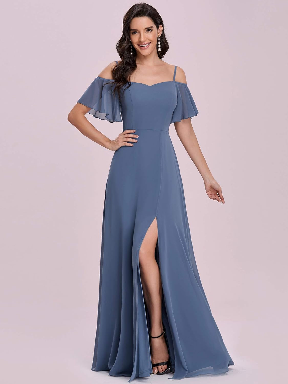 Women'S Off-Shoulder A-Line Side Slit Chiffon Bridesmaid Dresses with Sleeves 0237