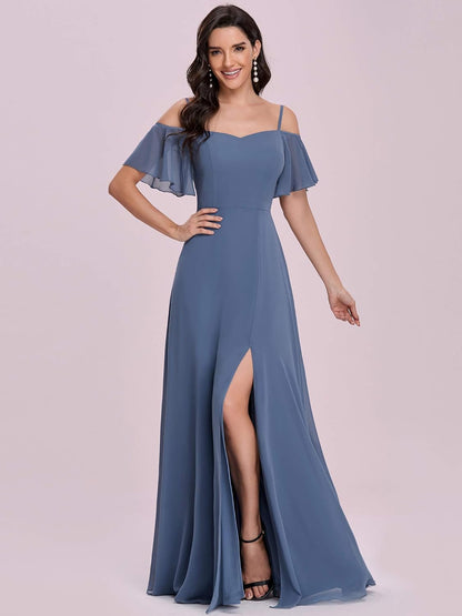 Women'S Off-Shoulder A-Line Side Slit Chiffon Bridesmaid Dresses with Sleeves 0237