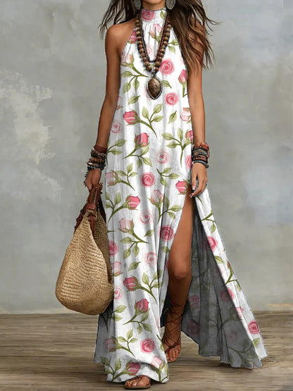 Women's Sleeveless Floral Print Maxi Dress with a side split