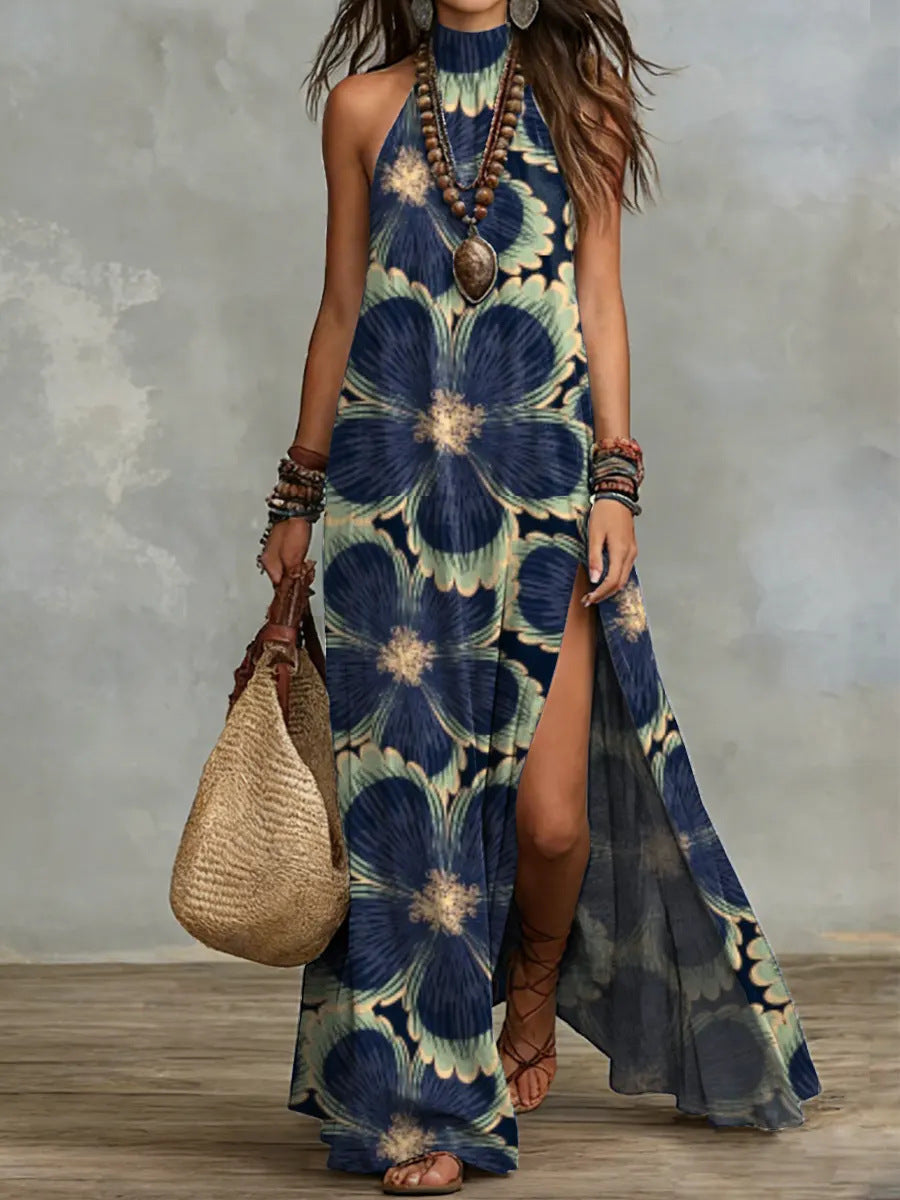 Women's Sleeveless Floral Print Maxi Dress with a side split
