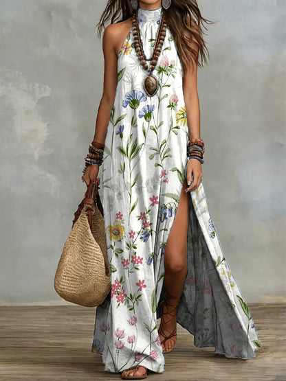 Women's Sleeveless Floral Print Maxi Dress with a side split