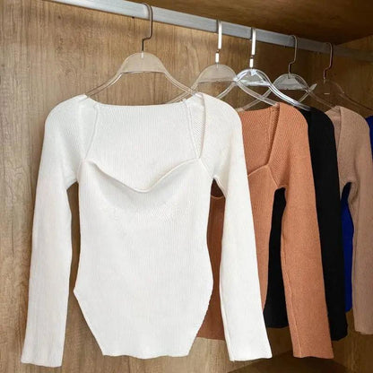 New Casual And Trendy Square Collar Long Sleeve Woman's Sweaters Knitted Pullover Spring Autumn Sweater Winter Tops For Women Black And White Jumper