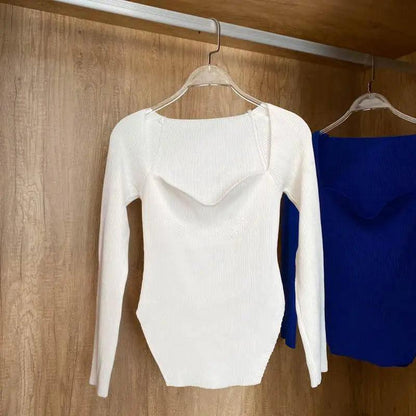 New Casual And Trendy Square Collar Long Sleeve Woman's Sweaters Knitted Pullover Spring Autumn Sweater Winter Tops For Women Black And White Jumper